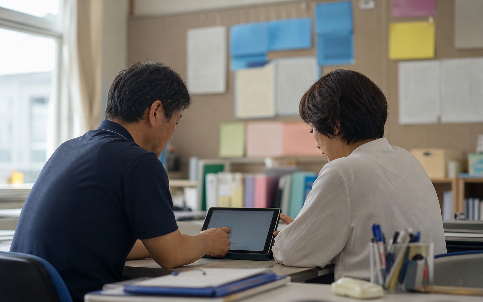 事務所で、タブレットの画面を二人で確認している様子