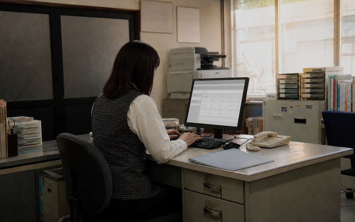 事務所の机で、タブレットの画面を二人で見ながら話している様子