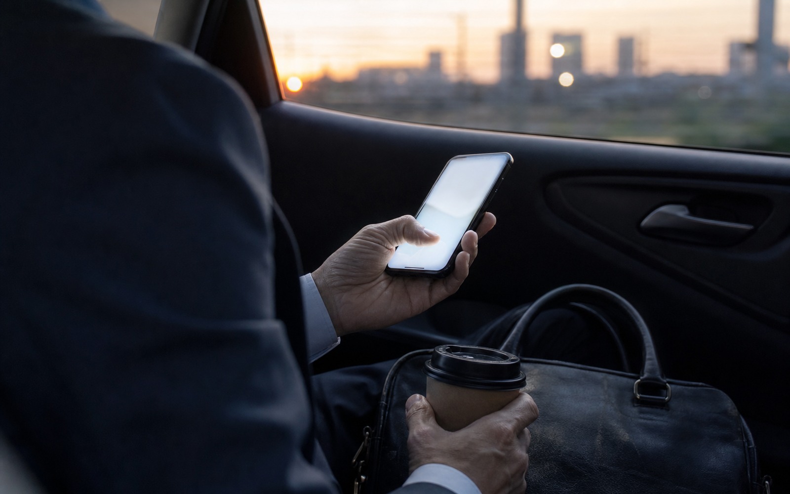 移動中の車内で、スマートフォンの画面を確認している様子